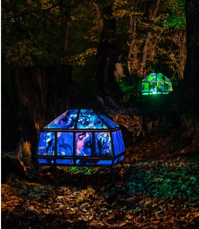 Blue-lit green house in a forest.