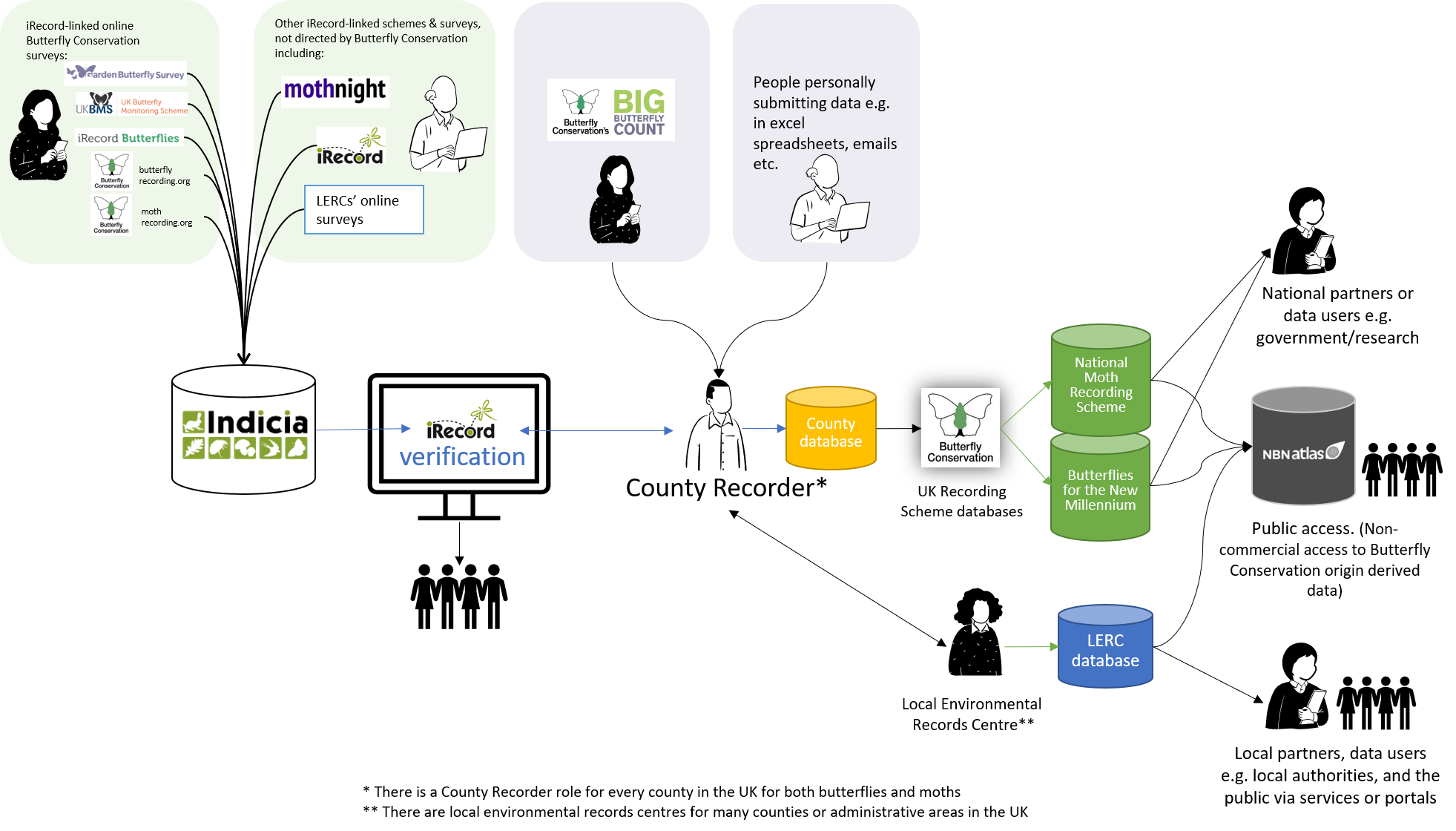 The process of data flow via iRecord for butterfly and moth UK scheme data. Illustration content is produced with a CC BY 4.0 licence (https://creativecommons.org/licenses/by/4.0/), with the exception of the icons which are copyright Microsoft and the organisational logos.