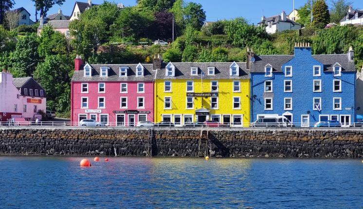 Three buildings coloured pink, yellow and blue, overlooking the port at Tobermory