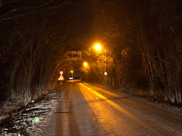 Sodium streetlights along a rural road