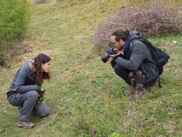 Ellie and Graham looking at a roosting Dingy Skipper; Photo credit Douglas Goddard